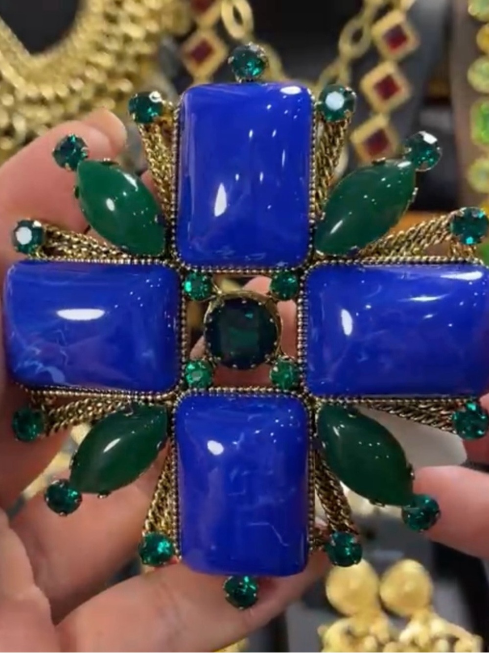 Gold-Tone Blue and Green Statement Brooch - Women Jewelry